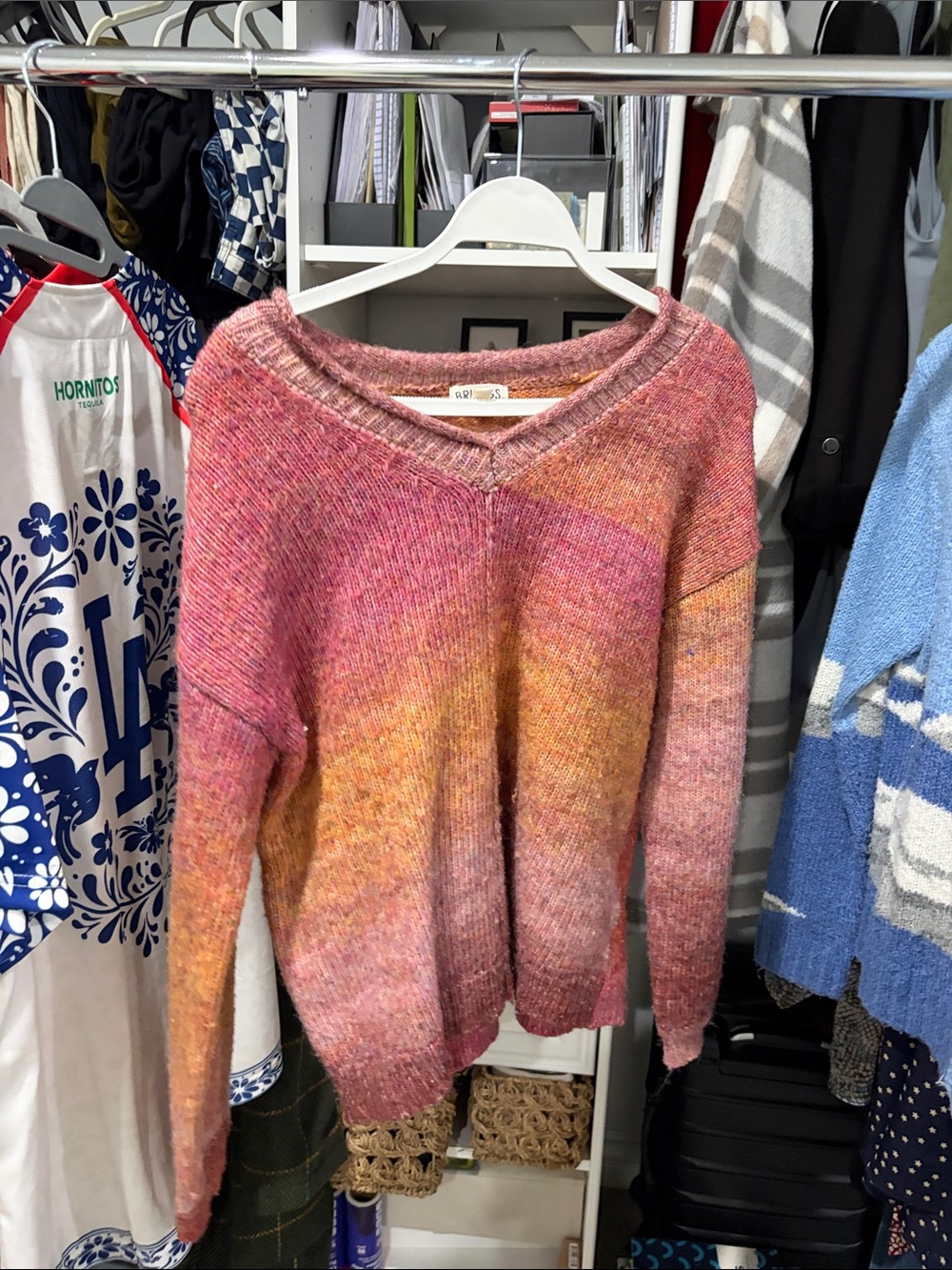 Briggs New York Pink and Orange Gradient V-Neck Sweater